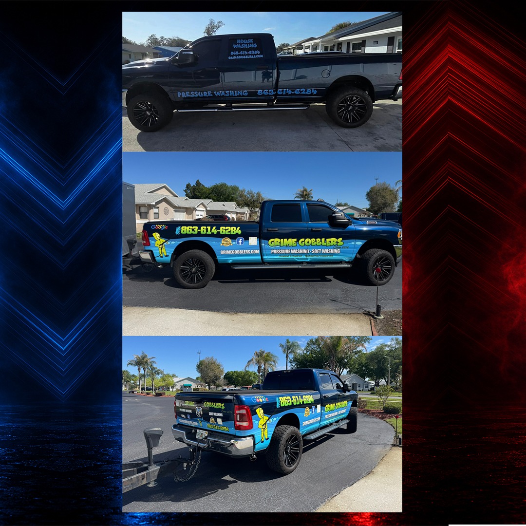 Grime Gobblers truck before and after professional vehicle graphics